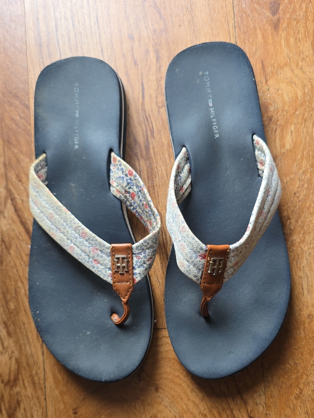 Tommy Hilfiger Navy Footbed Sandals with Patterned Fabric Straps